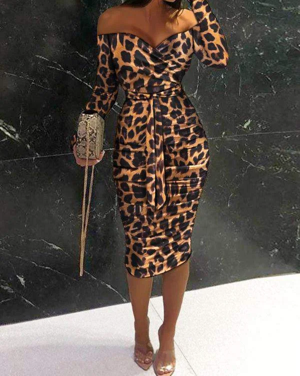 Off Shoulder Ruched Design Belted Leopard Bodycon Dress Bodycon Pencil Dress
