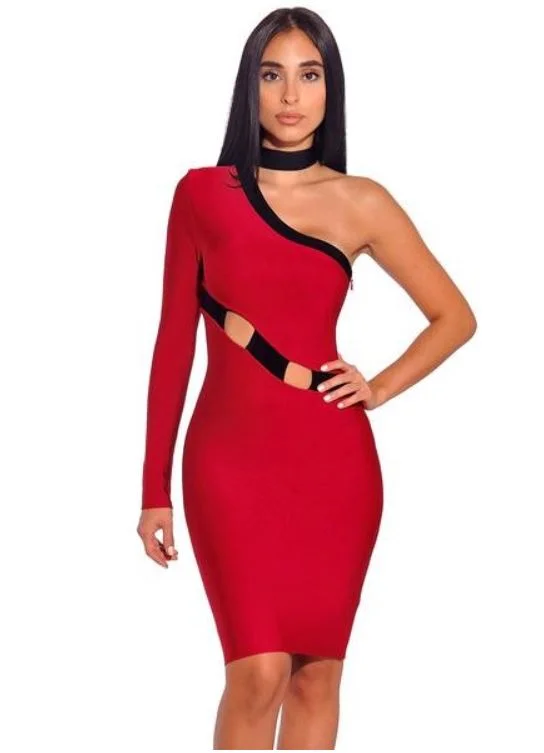 Red One Sleeve Cutout Bodycon Bandage Dress Sleeveless Bodycon Dress