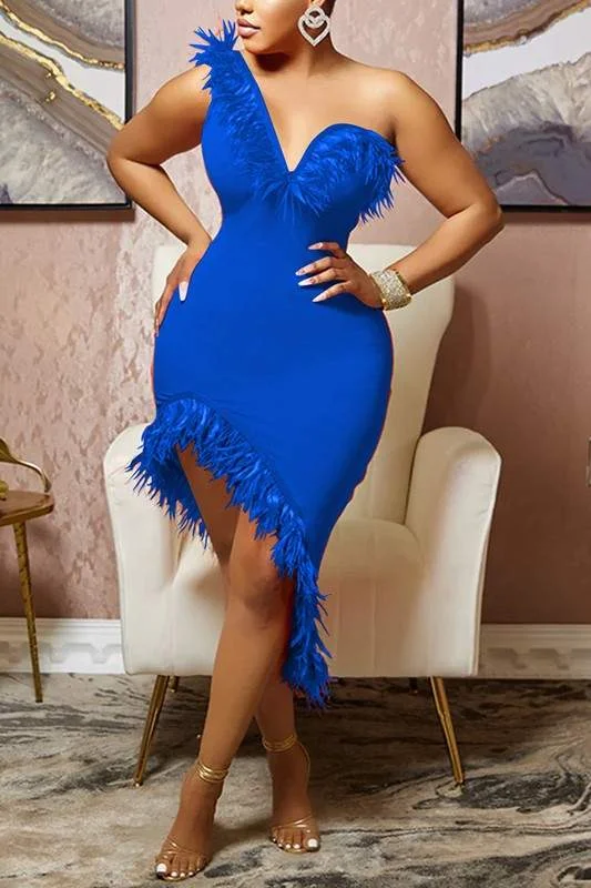 Sexy Bodycon Sequin Sleeveless One Shoulder Tassel Fitted Bodycon Dress