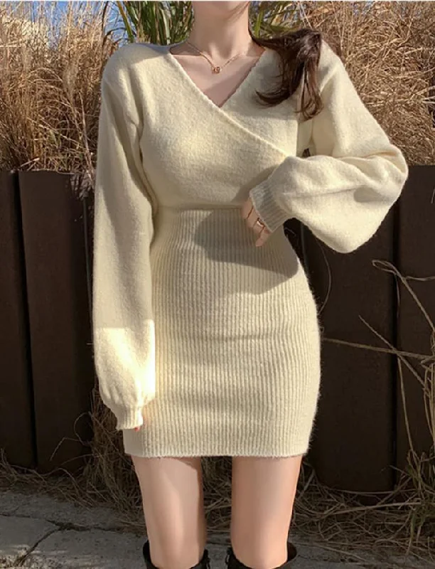 Cross V Neck Knitted Slim Long Sleeve bodycon Dress Hot Pink Bodycon