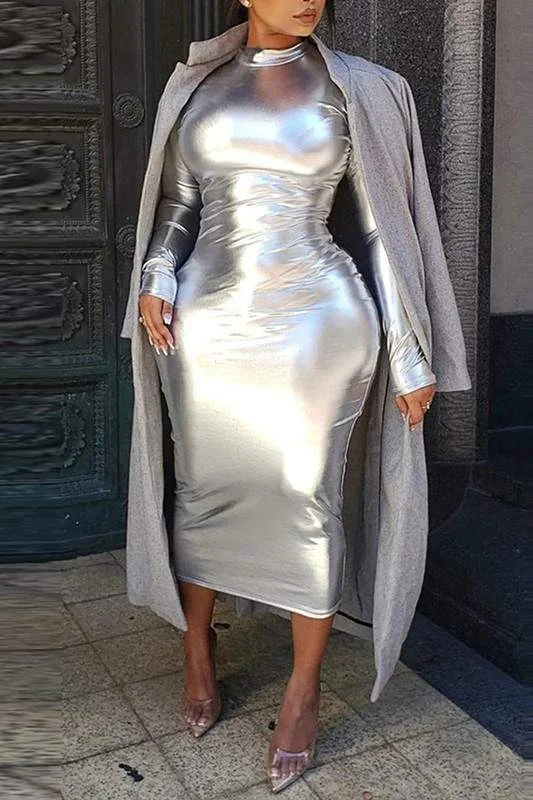 SHINNY BODYCON LONG DRESS Off-shoulder Bodycon Dress