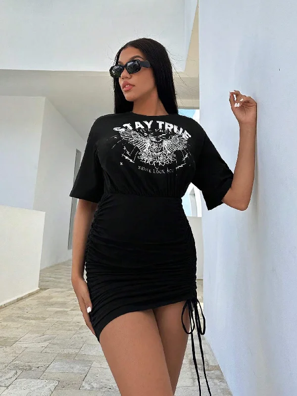 SXY EAGLE LETTER GRAPHIC DRAWSTRING SIDE BODYCON DRESS Black Bodycon Dress