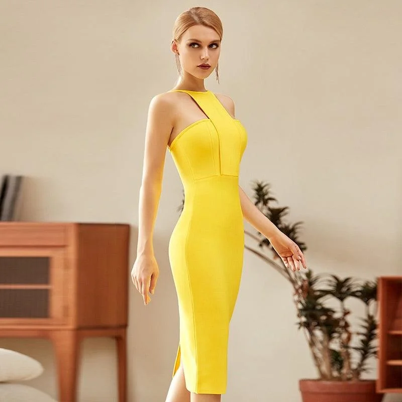 Women Yellow Bodycon Bandage Dress Sexy Halter Party Dresses Fashion Bodycon Dress
