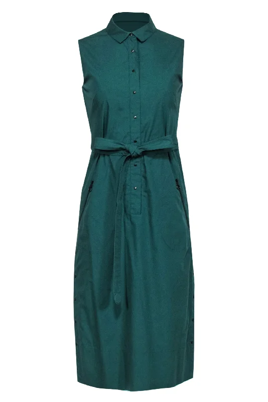 Akris - Hunter Green Sleeveless Snap Front Shirtdress w/ Belt Sz 4 Layered Shirt Dress