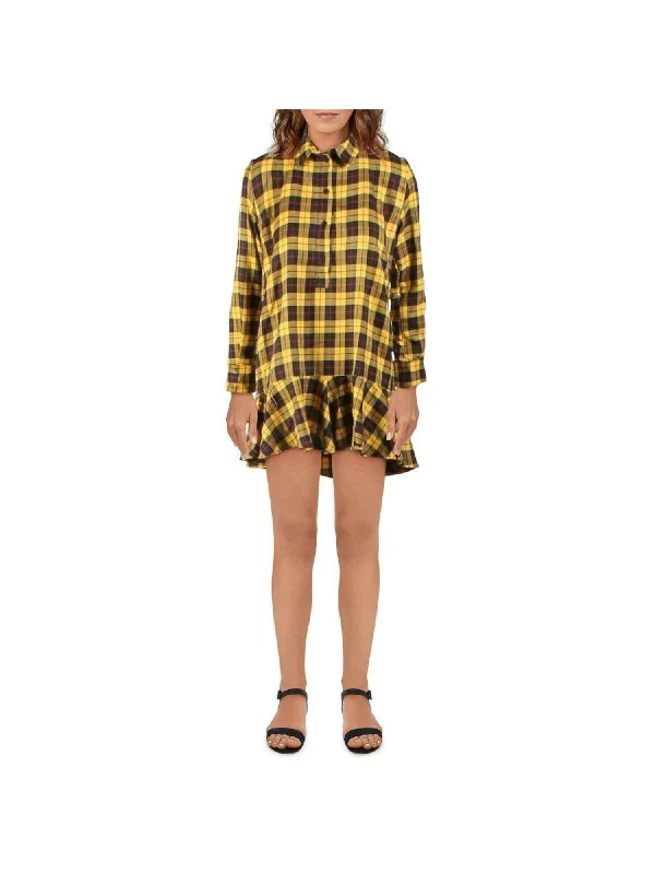 AQUA Womens Yellow Long Sleeve Collared Short Shirt Dress Belted Button Dress