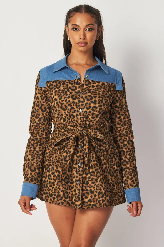 Bella Denim Mix Leopard Print Tied Shirt Dress Soft Cotton Shirt
