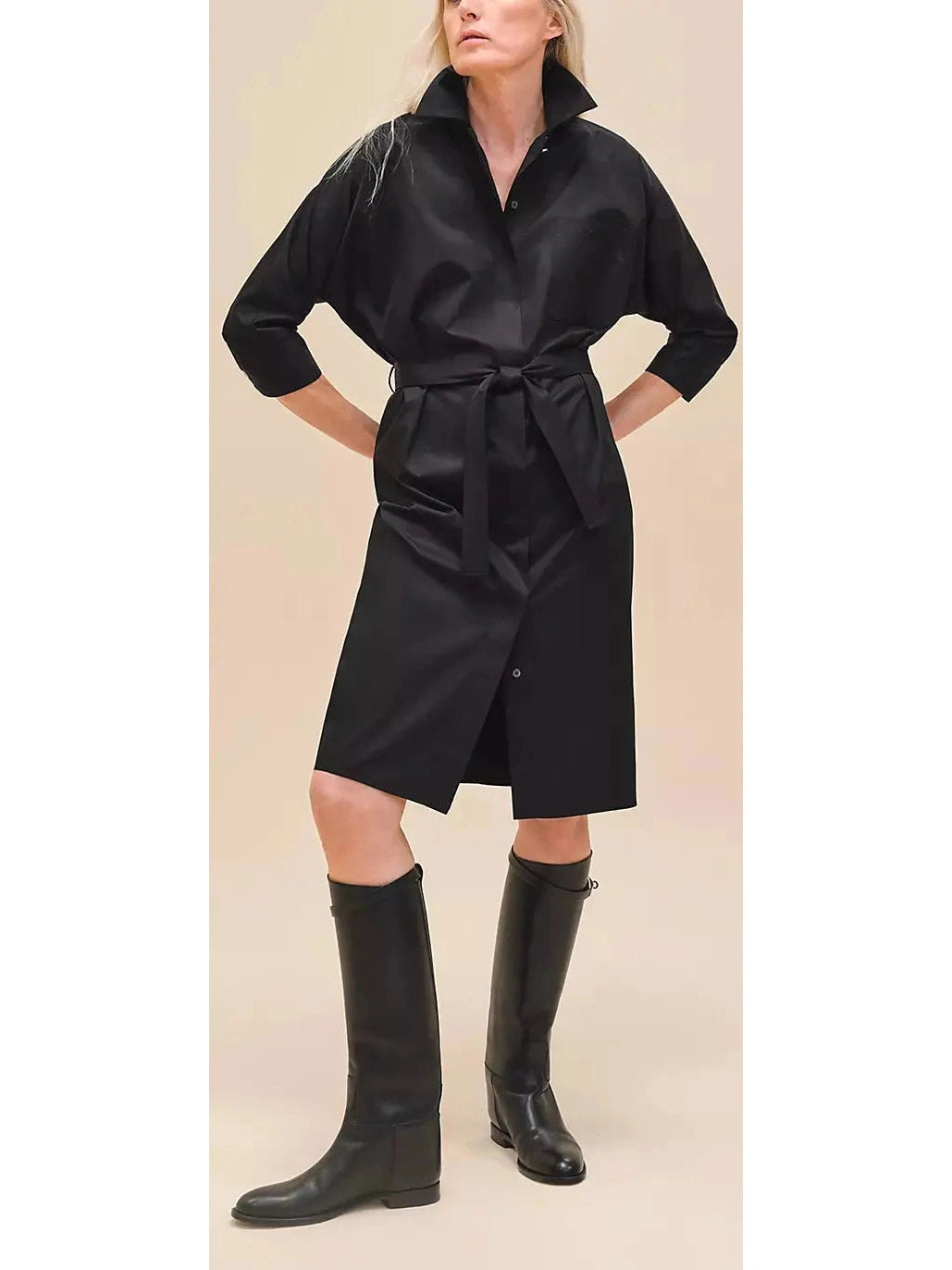 Belted Shirt Dress in Cotton Twill, Black High-Waisted Shirt Dress
