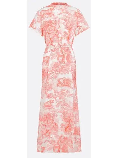 Belted Toile de Jouy Sauvage Motif Shirt Dress in White and Coral Long Sleeve Shirt