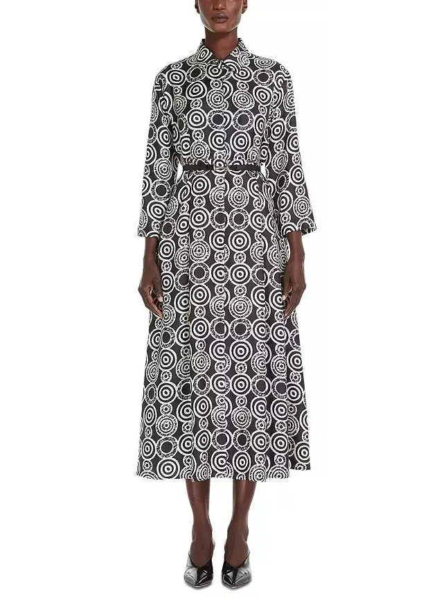 Black and White Abstract Printed Silk Shirt Dress Linen Shirt Dress