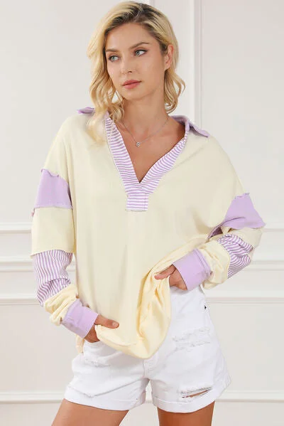 Blue Zone Planet |  Striped Contrast Johnny Collar Dropped Shoulder Sweatshirt Pleated Shirt Gown