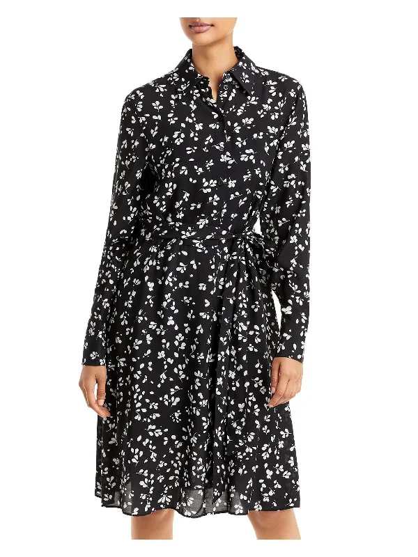 BOSS Womens Black Belted Lined Printed Long Sleeve Point Collar Knee Length Shirt Dress Elegant Shirt Dress BOSS Womens Black Belted Lined Printed Long Sleeve Point Collar Knee Length Shirt Dress Elegant Shirt Dress