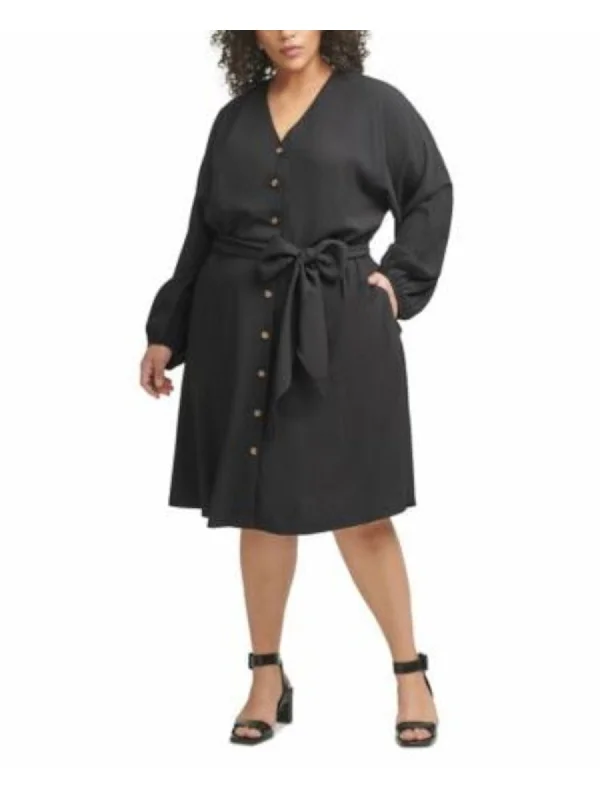 CALVIN KLEIN Womens Pocketed Roll-tab Sleeve Collared Knee Length Shirt Dress White Linen Shirt