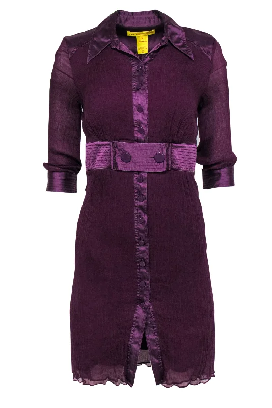 Catherine Malandrino - Plum Micro-Pleated Silk Belted Shirt Dress Sz 0 Polka Dot Shirt