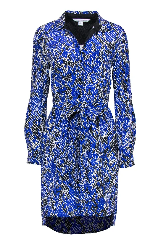 Diane von Furstenberg - Blue, Black & White Snakeskin Print Silk Shirtdress Sz 6 Belted Shirt Dress