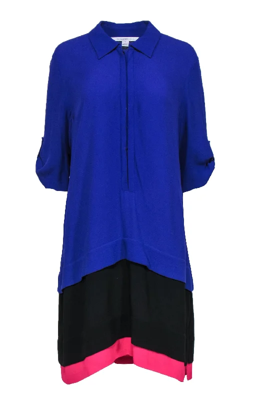 Diane von Furstenberg - Purple, Black & Pink Layered Shirt Shift Dress Sz L Classic Button Shirt