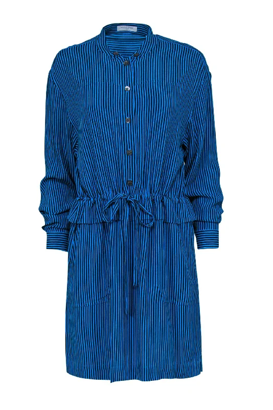 Equipment - Cerulean Blue & Black Striped "Lizza" Shirtdress Sz 6 Stretch Shirt Dress Equipment - Cerulean Blue & Black Striped "Lizza" Shirtdress Sz 6 Stretch Shirt Dress