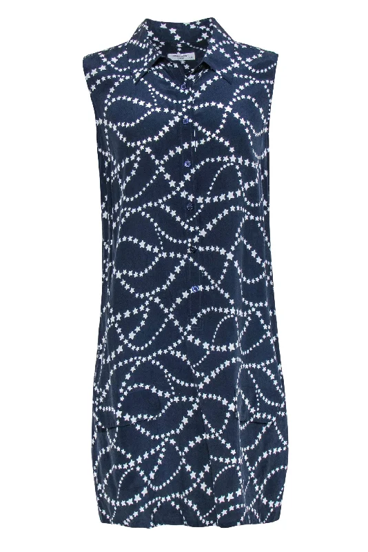 Equipment - Navy & White Star Print Sleeveless Button-Up Silk Shirt Dress Sz L Wrap Shirt Dress