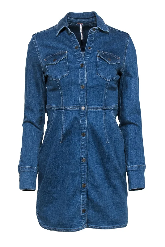 Free People - Medium Wash Denim Button-Up Shirt Dress Sz S Printed Shirt Dress