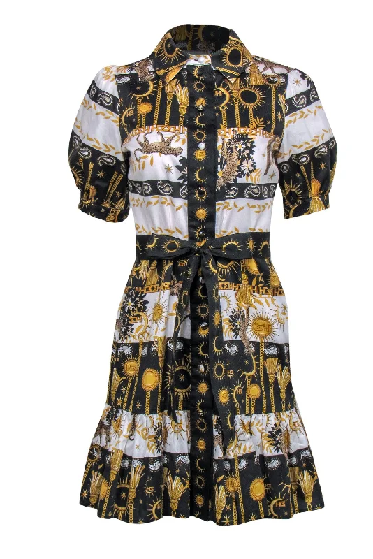 Hayley Menzies - White, Black & Gold Printed Button-Up Puff Sleeve Shirtdress Sz S Pleated Shirt Dress Hayley Menzies - White, Black & Gold Printed Button-Up Puff Sleeve Shirtdress Sz S Pleated Shirt Dress