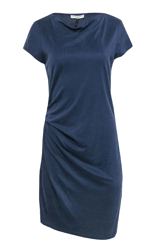 Halston Heritage - Steel Blue Boatneck Ruched T-Shirt Dress Sz M Flared Shirt Dress