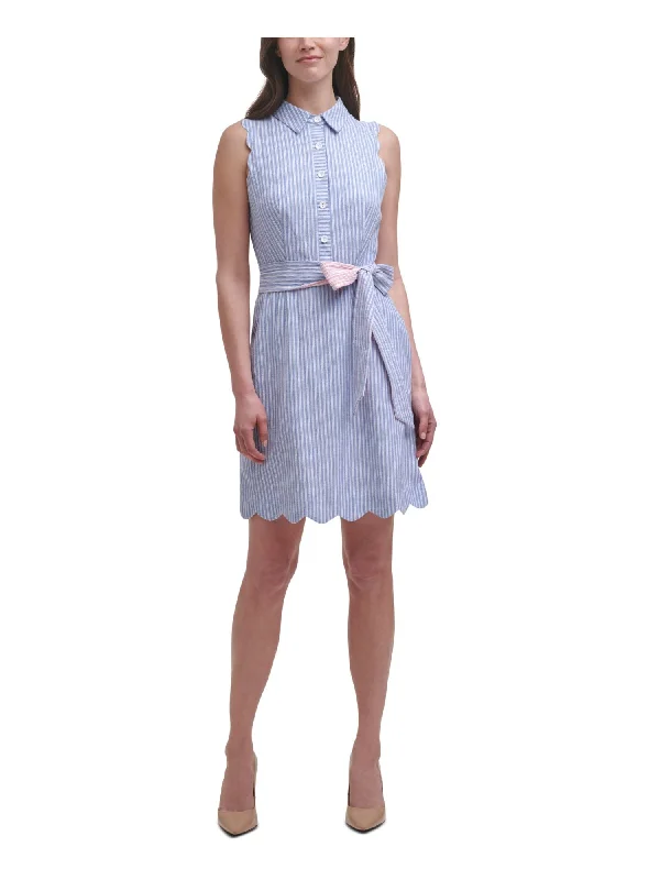 HARPER ROSE Womens Stretch Belted Striped Sleeveless Point Collar Short Wear To Work Shirt Dress Fashionable Shirt Dress
