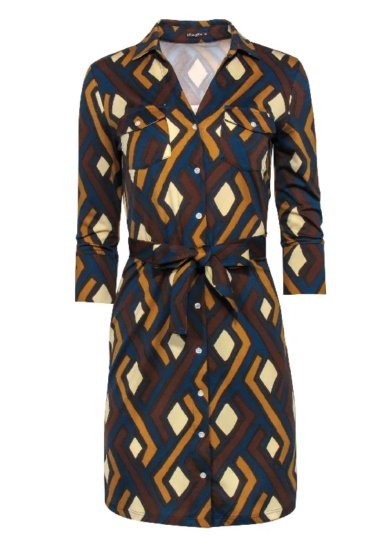 J. McLaughlin - Dark Blue, Brown & Tan Printed Button-Up Belted Shirt Dress Sz XS Formal Shirt Dress