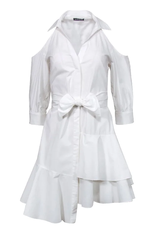 Josie Natori - White Tied Cold Shoulder Shirtdress w/ Asymmetrical Flounce Sz 4 Belted Shirt Dress Josie Natori - White Tied Cold Shoulder Shirtdress w/ Asymmetrical Flounce Sz 4 Belted Shirt Dress