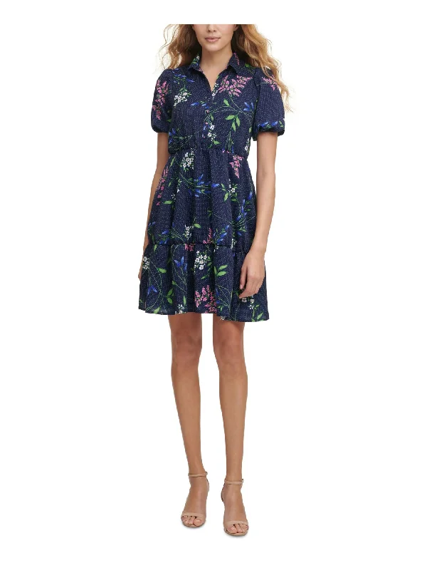 KENSIE DRESSES Womens Pocketed Floral Pouf Sleeve Point Collar Short Wear To Work Shirt Dress Relaxed Fit Shirt