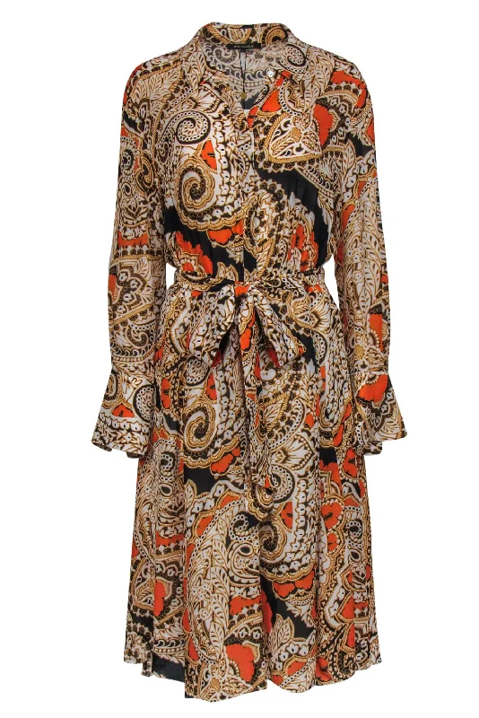 Kobi Halperin - Orange & Black Print Belted Shirtdress Sz L Classic Button Shirt