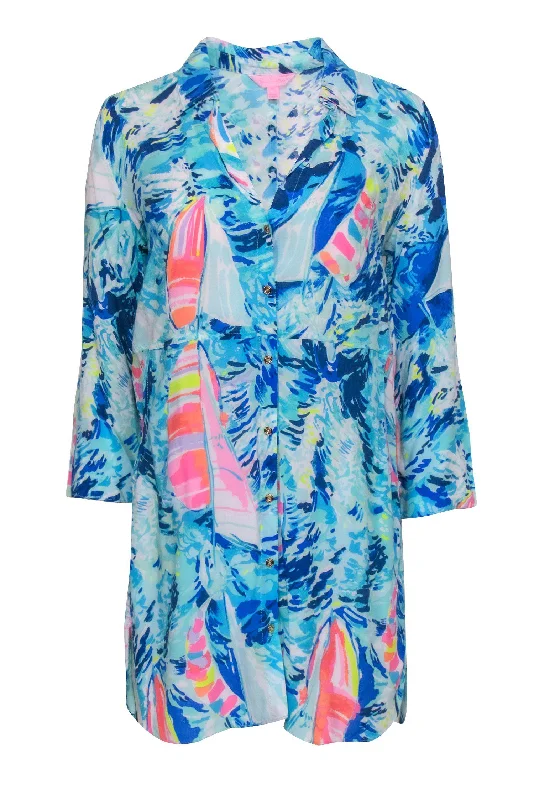 Lilly Pulitzer - Blue & Pink Sailboat Printed Shirt Dress Sz XS Dress Shirt Chic