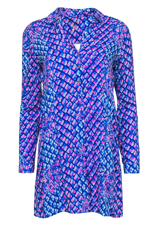 Lilly Pulitzer - Blue & Pink Pineapple Print Collared Shirtdress w/ Pockets Sz XXS White Shirt Dress Lilly Pulitzer - Blue & Pink Pineapple Print Collared Shirtdress w/ Pockets Sz XXS White Shirt Dress