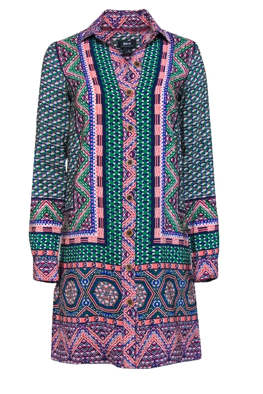 Maeve - Green & Multicolor Print Button-Up Silk Shirtdress Sz 0 High-Waisted Shirt Dress Maeve - Green & Multicolor Print Button-Up Silk Shirtdress Sz 0 High-Waisted Shirt Dress