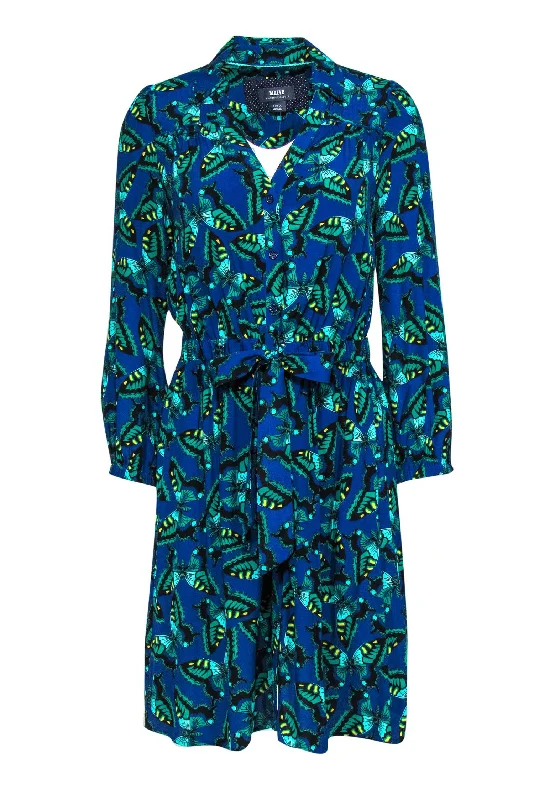 Maeve - Blue & Green Butterfly Printed Shirtdress Sz S Polka Dot Shirt
