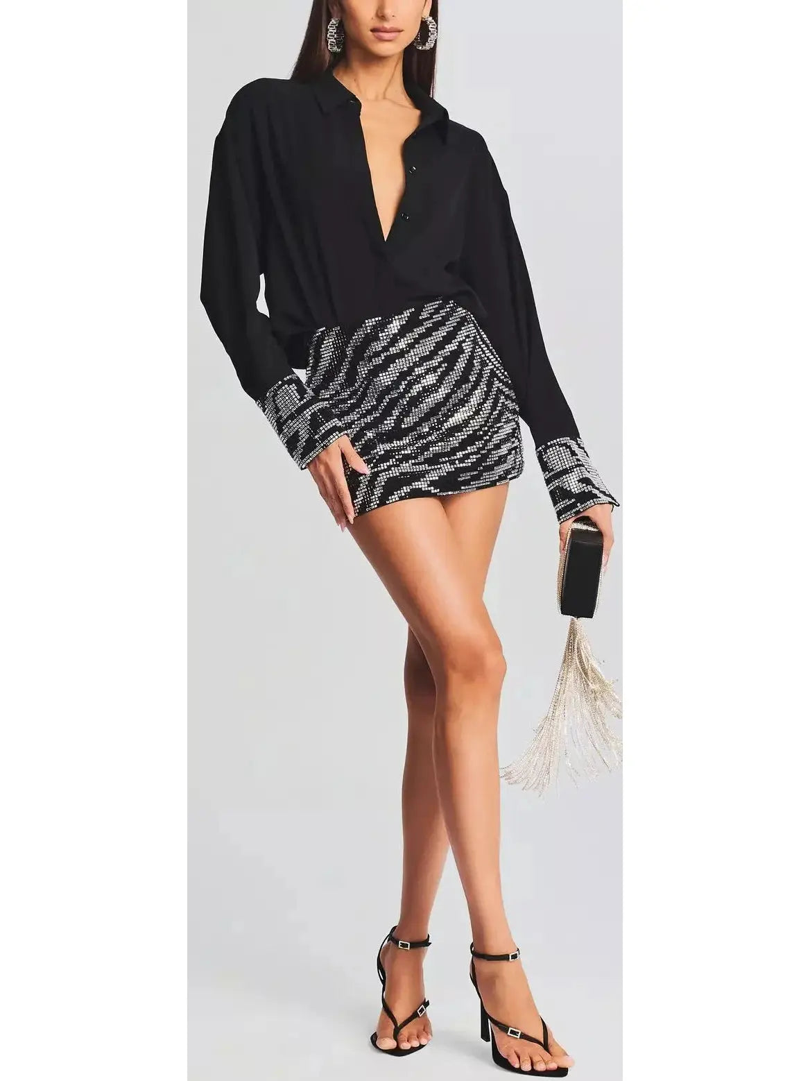 Pailette-Embellished Cuff and Skirt Shirt-Dress Tartan Shirt Dress