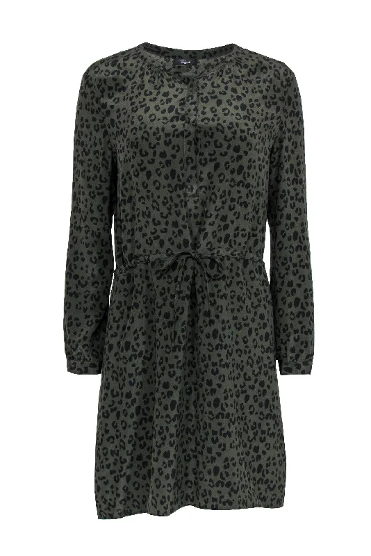 Rails - Olive & Black Leopard Print Half Button-Up Silk Shirt Dress Sz S Classic Button Shirt