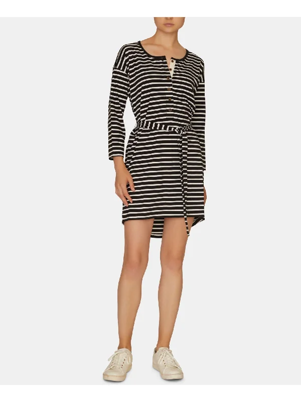 SANCTUARY Womens Belted Striped Long Sleeve Jewel Neck Above The Knee Shirt Dress Lace Shirt Dress