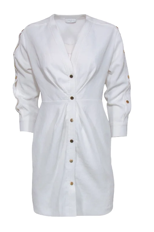 Sandro - White Textured Ruched Shirtdress w/ Golden Buttons Sz 4 Loose Shirt Dress