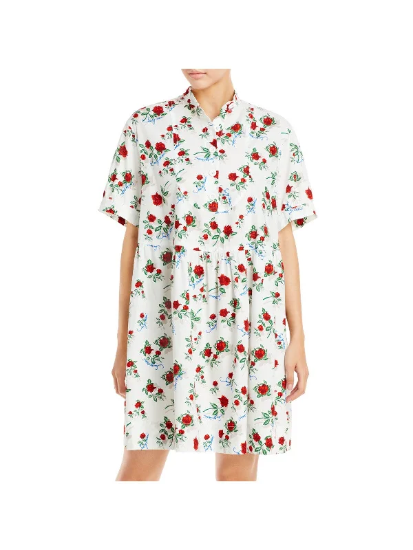 SEE BY CHLOE Womens Pleated Floral Short Sleeve Crew Neck Above The Knee Shirt Dress Tied Shirt Dress