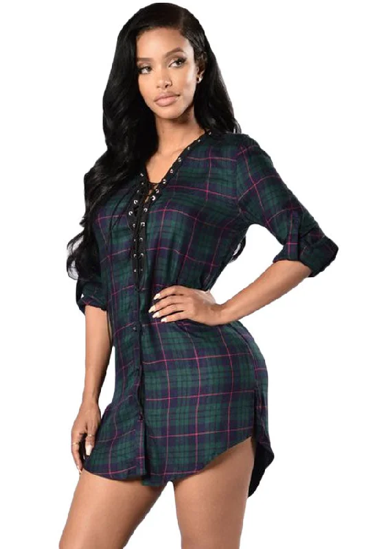 Green Navy Lace-up Front Plaid Shirt Dress Fashionable Shirt Dress