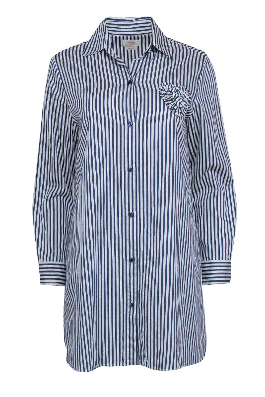 Kate Spade - Navy & White Striped Cotton Shift Shirtdress w/ Ruffled Heart Sz S V-neck Shirt Dress