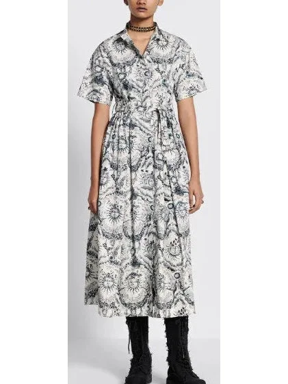 Toile de Jouy Soleil Motif Mid-Length Shirt Dress Comfy Shirt Dress