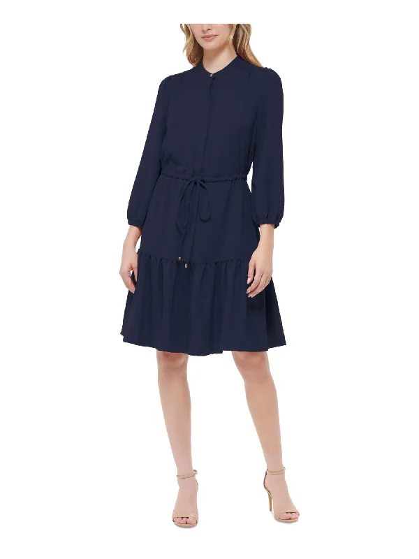 TOMMY HILFIGER Womens Navy Gathered Tie Button Top Drawstring Waist Long Sleeve Stand Collar Knee Length Wear To Work Shirt Dress Denim Shirt Dress
