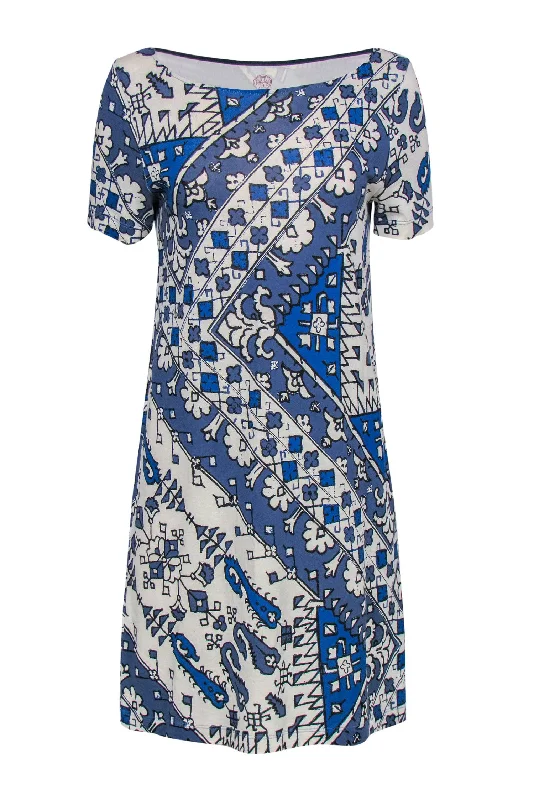 Tory Burch - Cream & Blue Bohemian Print Cotton T-Shirt Dress Sz M Plaid Shirt Dress