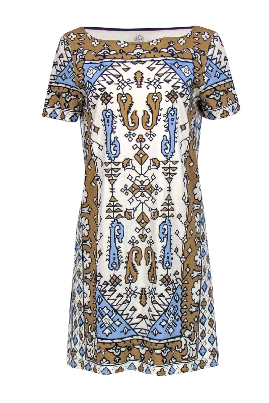 Tory Burch - Cream, Tan & Blue Bohemian Print Cotton T-Shirt Dress Sz M Soft Cotton Shirt