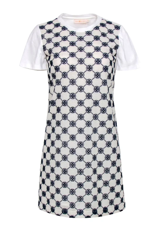 Tory Burch - White & Navy Logo Lace T-Shirt Dress Sz S Mini Shirt Dress