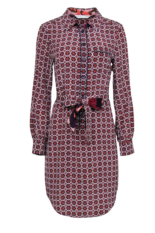 Trina Turk - Tan & Multicolored Geometric Print Belted Shirtdress Sz S Pleated Shirt Dress