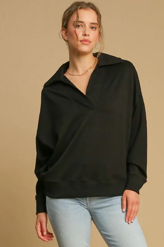 Umgee Johnny Collar Dropped Shoulder Sweatshirt Printed Shirt Dress