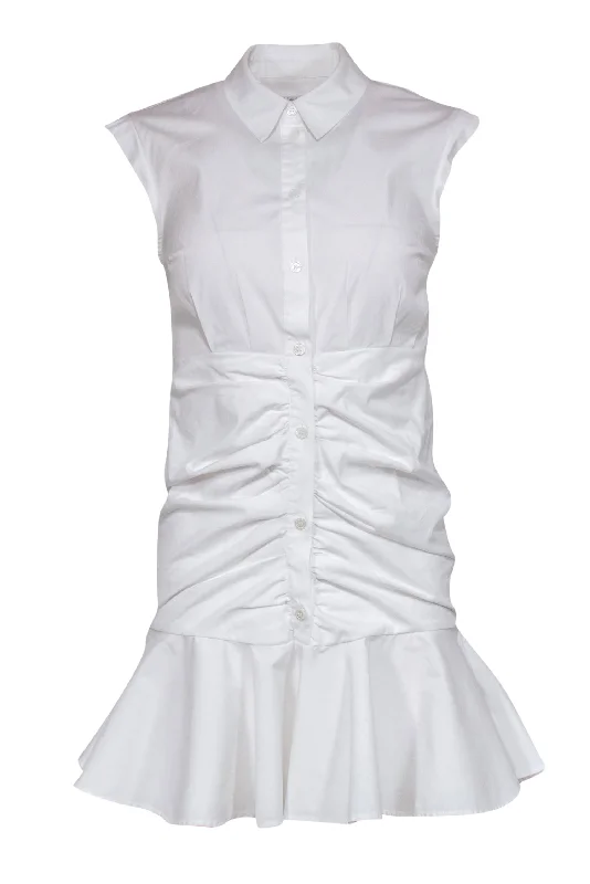 Veronica Beard - White Ruched Button-Up Shirt-Style Sheath Dress w/ Flounce Hem Sz 0 Long Sleeve Shirt Dress