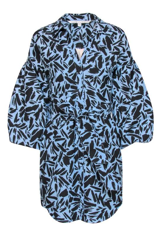 Veronica Beard - Light Blue & Black Brushstroke Print Belted Shirtdress Sz 2 Fashionable Shirt Dress Veronica Beard - Light Blue & Black Brushstroke Print Belted Shirtdress Sz 2 Fashionable Shirt Dress