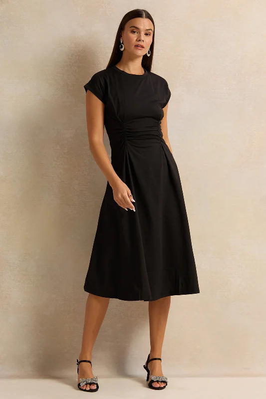 Women Black Midi Dress Pleated A-line Skirt
